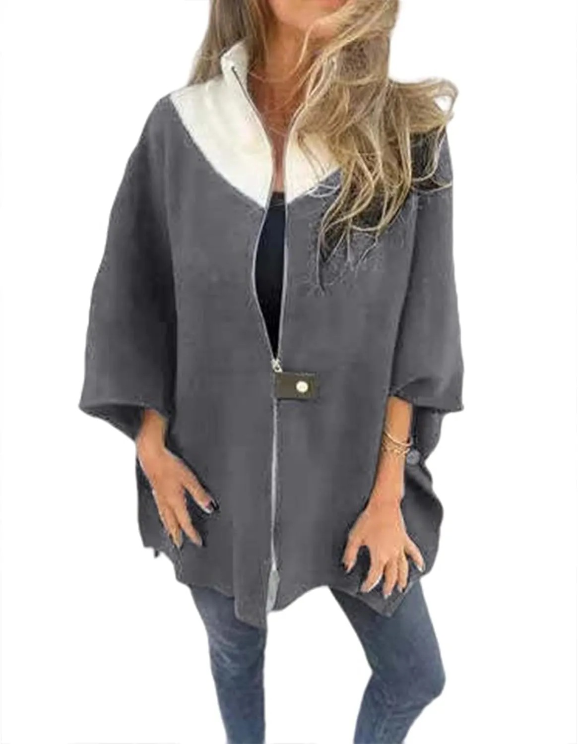 Women's Zip Up Wool Coats Color Block Stand Collar Side Slit Trench Coat 3/4 Bat Sleeve Lightweight Coatigan