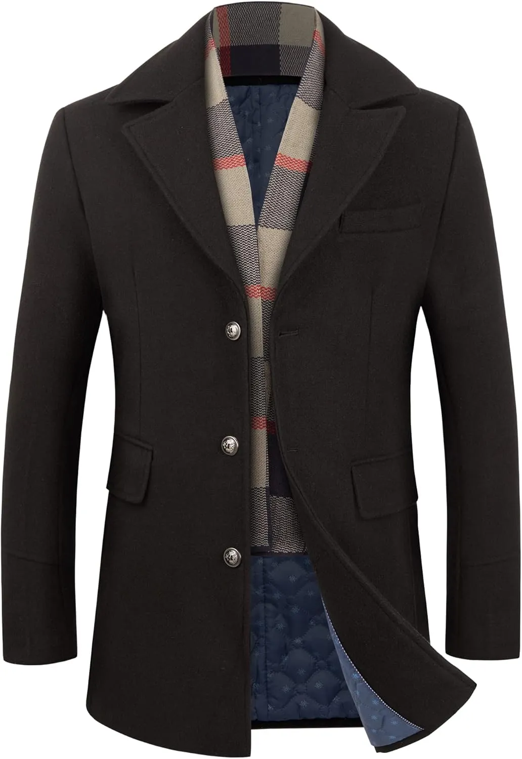 WULFUL Mens Wool Blend Winter Coat Slim Fit Short Trenchcoat Warm Business Jacket with Detachable Soft Wool Scarf