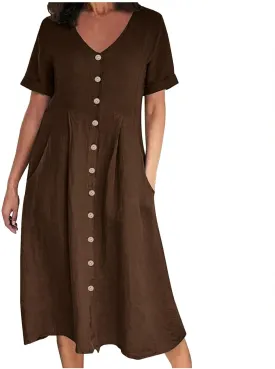 XUNRYAN 2025 Summer Dresses Women Cotton Linen Button Down Short Sleeve Midi Dress w Pockets Casual V-Neck Empire Waist Gown