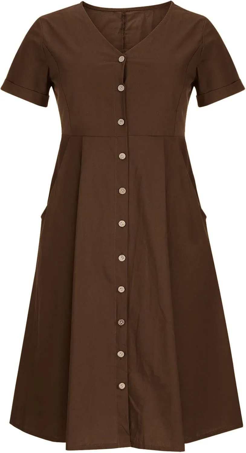 XUNRYAN 2025 Summer Dresses Women Cotton Linen Button Down Short Sleeve Midi Dress w Pockets Casual V-Neck Empire Waist Gown