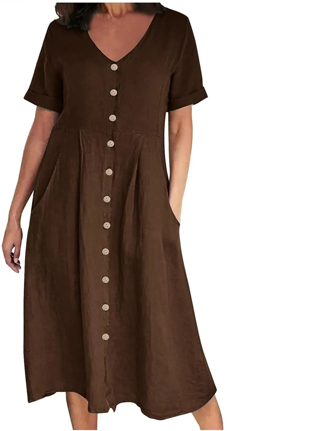 XUNRYAN 2025 Summer Dresses Women Cotton Linen Button Down Short Sleeve Midi Dress w Pockets Casual V-Neck Empire Waist Gown