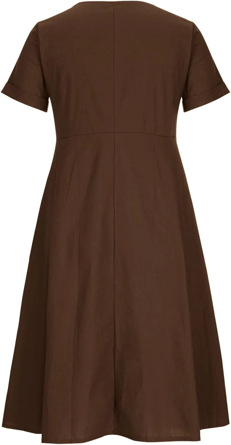 XUNRYAN 2025 Summer Dresses Women Cotton Linen Button Down Short Sleeve Midi Dress w Pockets Casual V-Neck Empire Waist Gown
